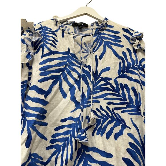 Size Large Linen Blend Resort Blue Boho Tropical Pool Vacation Ruffle Blouse Top - Picture 2 of 11